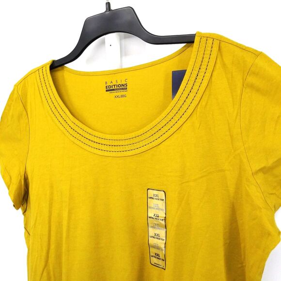 Basic Editions Shirt Women Plus Size 2XL Mustard Brown Short Sleeve Pullover Top - Picture 2 of 7